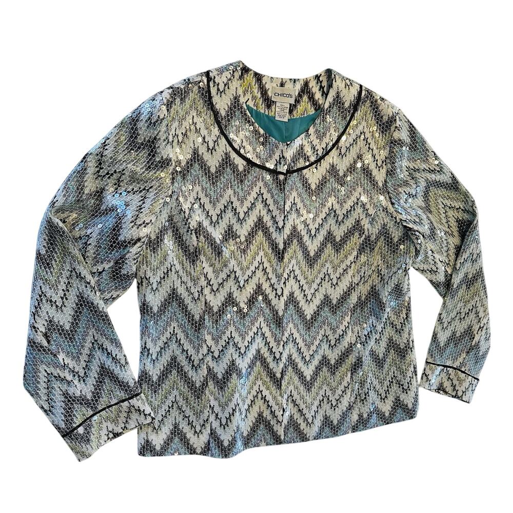 Chicos Size 2 Larg Jacket Sequin Blazer Zig-Zag Shimmer Chevron Fitted Sparkle